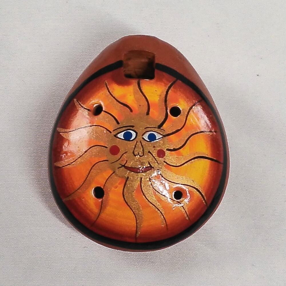 Ecuador Folk Art Sun Face Ocarina Hand Painted Clay Whistle Instrument